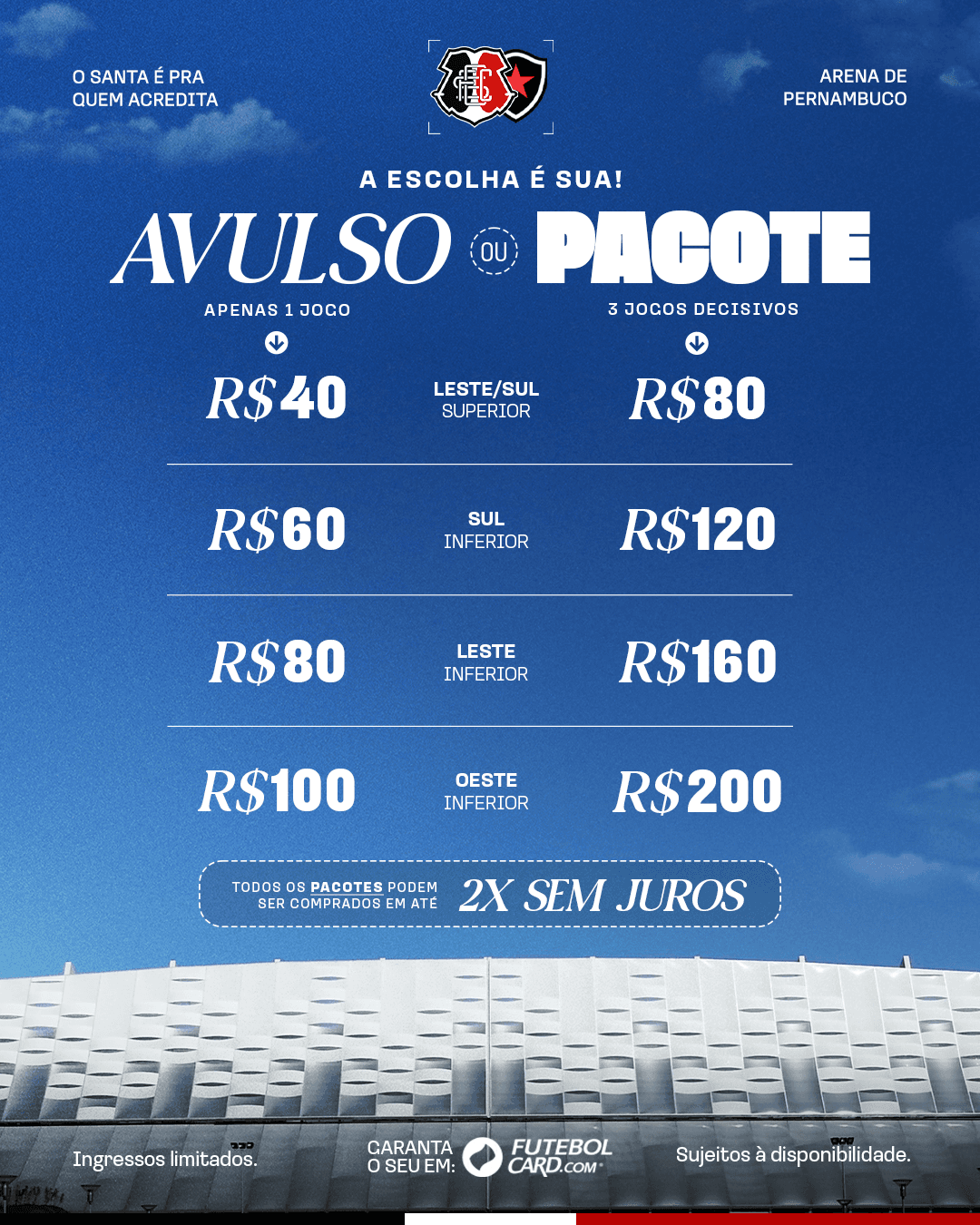 Santa Cruz oferece pacotes para três jogos decisivos na Arena de Pernambuco