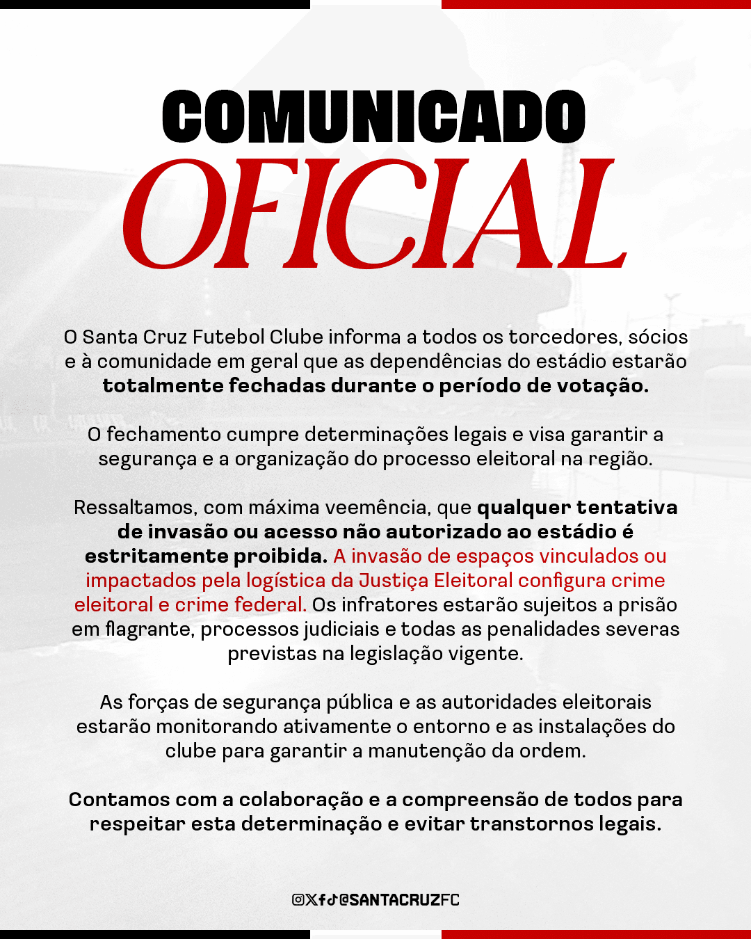 Comunicado: Estádio do Arruda permanecerá fechado durante o período eleitoral