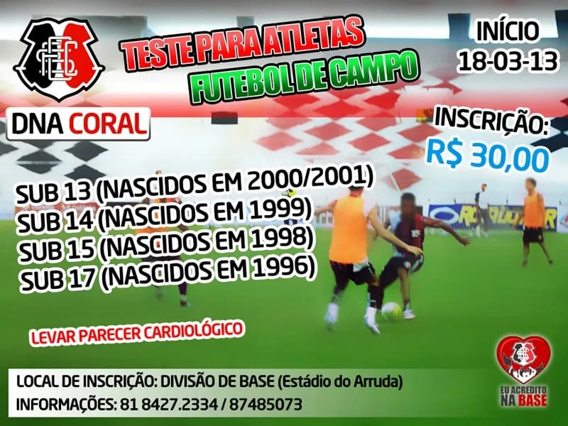 DNA CORAL: Inscrições abertas para testes em futebol de campo